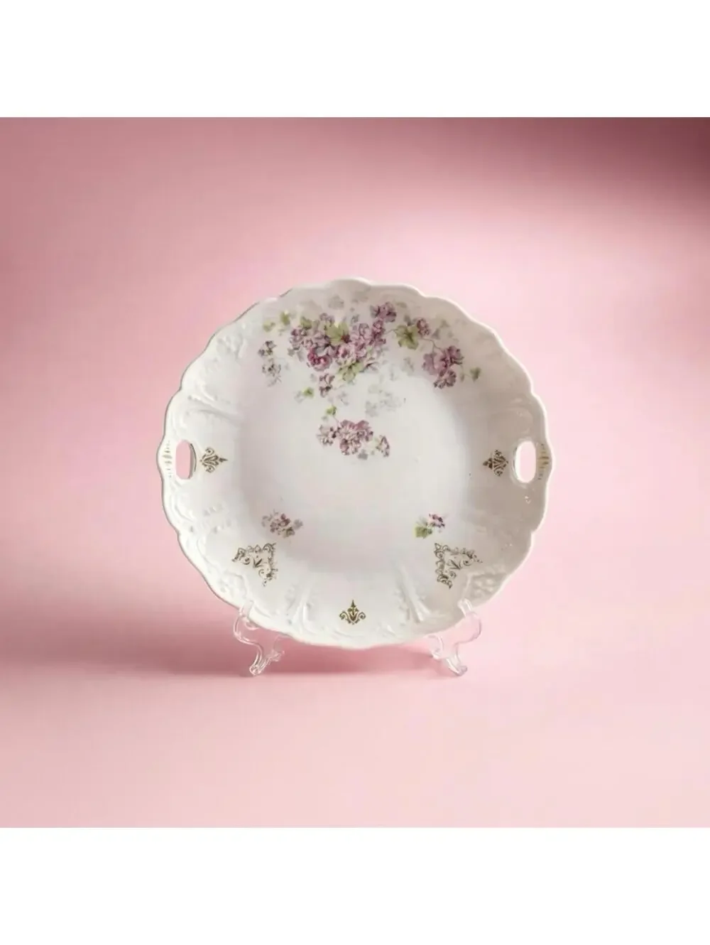 Vintage Floral Porcelain Serving Plate with Handles - 10 Inch, 375g